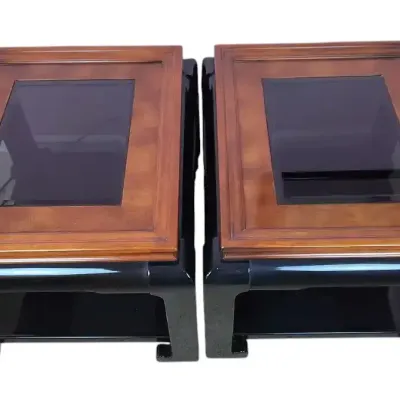 Chinoiserie Black Lacquered and Dark Wood Glass-Top End Tables