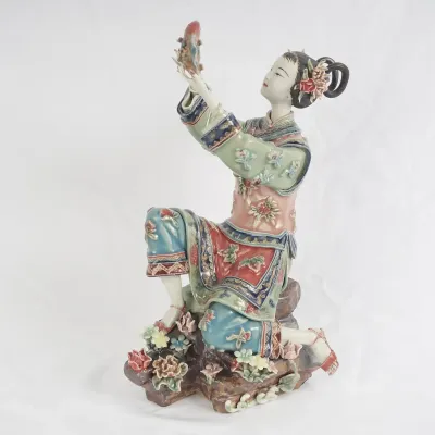Chinese Wucai Porcelain Woman Holding Koi Fish Figurine with Applied Flowers