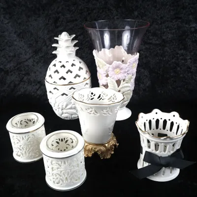 Lenox White Porcelain Pineapple Potpourri Box, Vase, & 4 Candle Holders