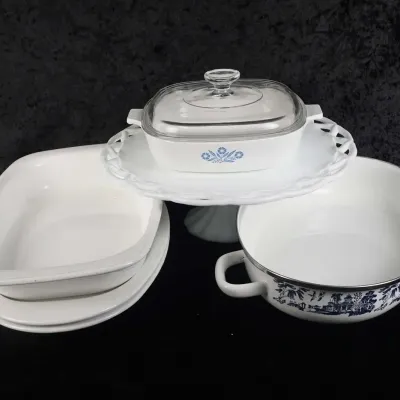 Corning Ware Blue Cornflower Cookware & White Pedestal Server, 5 Pieces