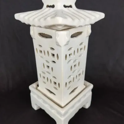 White Glazed Ceramic Pagoda Lantern Candle Holder with Removable Roof