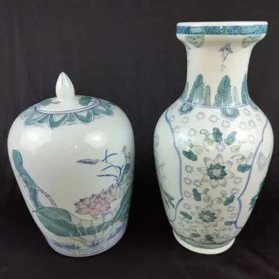 Chinese-Style Blue and Green Porcelain Ginger Jar and Vase, Two Pieces