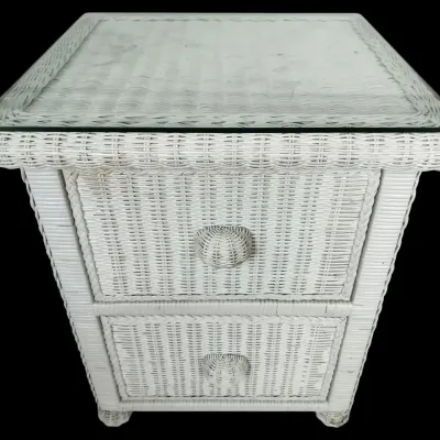 White Wicker Two-Drawer Nightstand With Glass Top