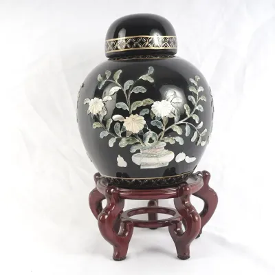 Chinese Black Lacquer Mother-of-Pearl Floral Ginger Jar with Wood Stand