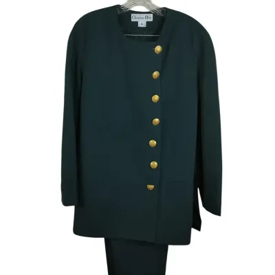 Vintage 1980s Christian Dior Dark Green Wool Jacket & Skirt Set, Size 10