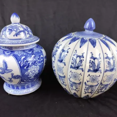 Two Vintage Chinese Blue and White Porcelain Lidded Ginger Jars