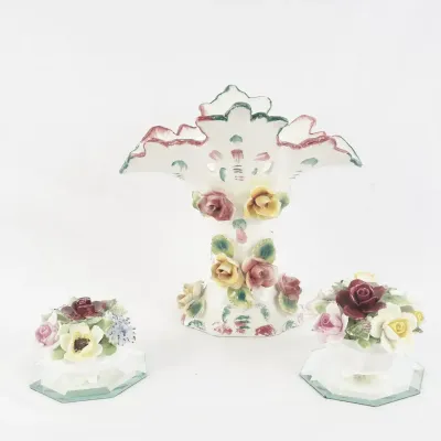 Italian Capodimonte-Style Floral Vase & 2 Porcelain Flower Arrangements
