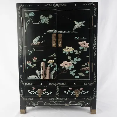 Chinese-Style Black Lacquer Floral and Bird Cabinet With Two Drawers