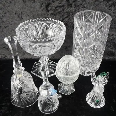 Cut Crystal Decor with Vase, Compote, Bells, Egg & Figurine