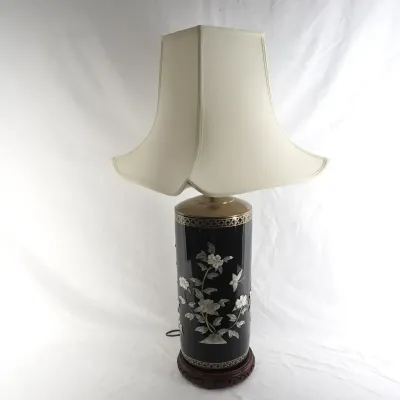 Chinese Black Lacquer Mother-of-Pearl Floral Table Lamp with Shade #2