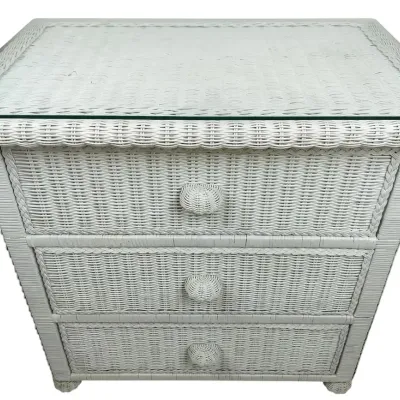 White Wicker Three-Drawer Nightstand With Glass Top