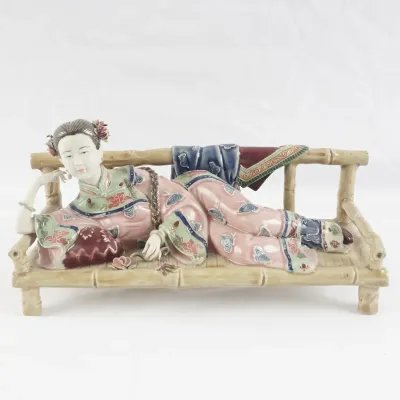Chinese Wucai Porcelain Reclining Lady Figurine by Lin Weidong