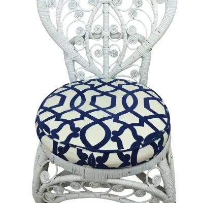 White Wicker Heart-Back Accent Chair With Blue Geometric Cushion