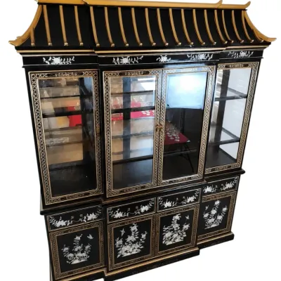 Black Lacquer Pagoda Lighted China Cabinet with Mother-of-Pearl Inlay