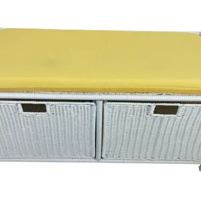 Plow & Hearth White Resin Wicker Storage Bench with Yellow Cushion