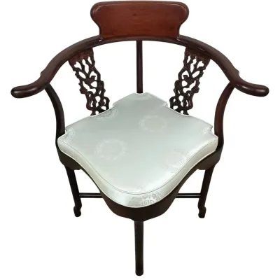Chinese Vintage Carved Hardwood Corner Chair With Brocade Cushion #1