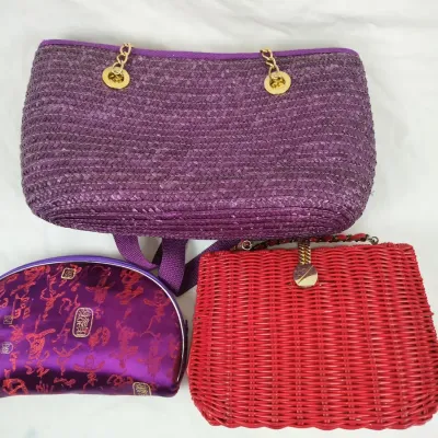 6-Piece Red & Purple Woven Handbags and Accessory Pouch Collection