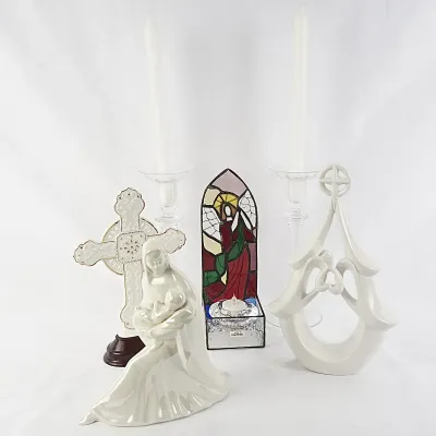 Religious Decor with Madonna, Cross, Holy Family, Candle Holder & Candlesticks