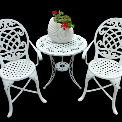 White Cast Aluminum Patio Bistro Set With Round Table and Two Chairs