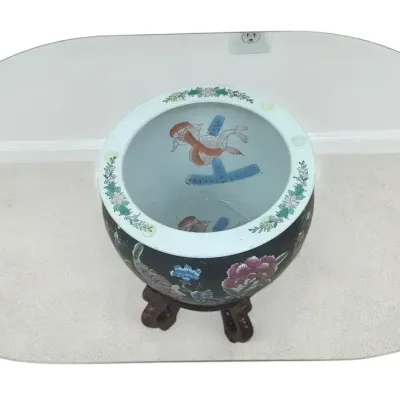 Chinese Porcelain Fishbowl Table With Oval Glass Top and Wood Stand