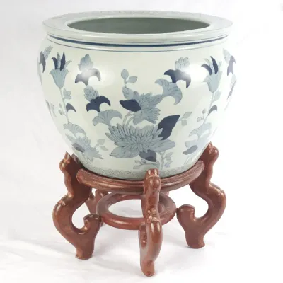 Chinese Blue & White Floral Porcelain Fishbowl Planter with Wood Stand