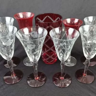 9-Piece Cranberry Glass Vase & Etched Floral Stemware Set