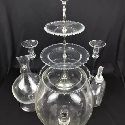 6-Piece Clear Glass Tiered Serving Stand, Decanters & Candlesticks