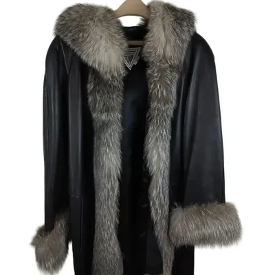 Marvin Richards Black Leather Coat with Gray Fox Fur Trim, Size Small