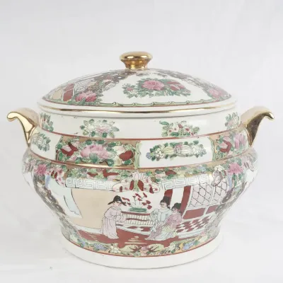 Chinese Famille Rose Medallion Porcelain Lidded Tureen with Gold Handles
