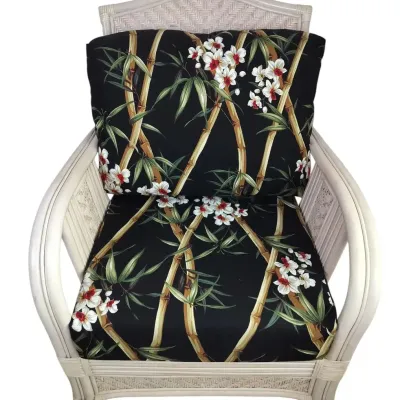 Cream Rattan Armchair With Black Bamboo Floral Cushions
