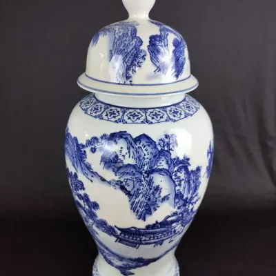 Chinese Blue & White Porcelain Temple Jar with Landscape Motif