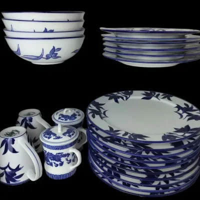24-Piece Pier 1 Ming Blue & White Dinnerware Set with Lidded Chinese Mugs