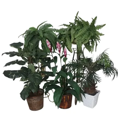 5 Artificial Fern & Tropical Plants with Planters and Metal Stands