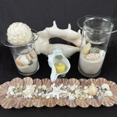 Coastal Seashell Hurricane Candle Holders, Tray & Conch Décor