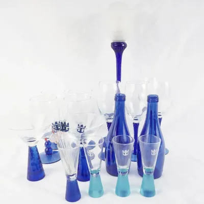 Royal Caribbean Blue Glassware, Bottles, Candle Holder & Swizzle Sticks