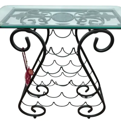 Scrollwork Metal Wine Rack Console Table With Glass Top