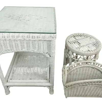 Three-Piece White Wicker Accent Set With Table, Plant Stand, and Magazine Rack