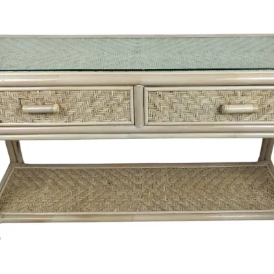 Rattan and Woven Wicker Console Table With Glass Top, Drawers, and Shelf