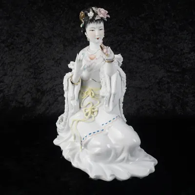 Japanese Porcelain Geisha Lady Figurine with Gilt Accents & Applied Flowers