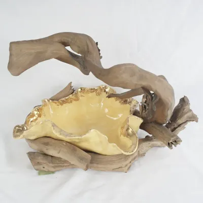 Rustic Driftwood Centerpiece with Yellow & Gold Glazed Ceramic Bowl