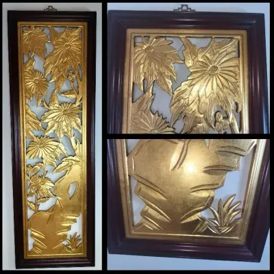 Chinese Vintage Gilt Carved Floral Openwork Wall Panel