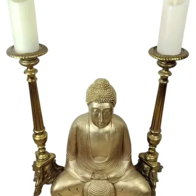 Gold-Tone Seated Buddha Statue with Pair of 26-Inch Ornate Candlesticks