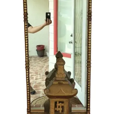 Gold-Tone Ornate Wall Mirror, Glass-Top Console Table & Pagoda Lantern
