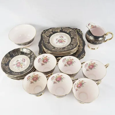 Tuscan E II R 1956 Black & Gold Floral 21-Piece Bone China Tea Set