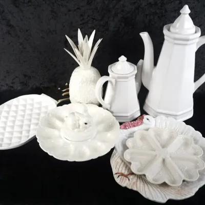 White Ceramic Serveware & Décor with Pineapple, Rabbit and Turkey Pieces