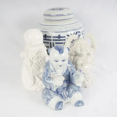 Blue & White Ginger Jar with 3 Asian Figurines and Hawaiian Figural Cups