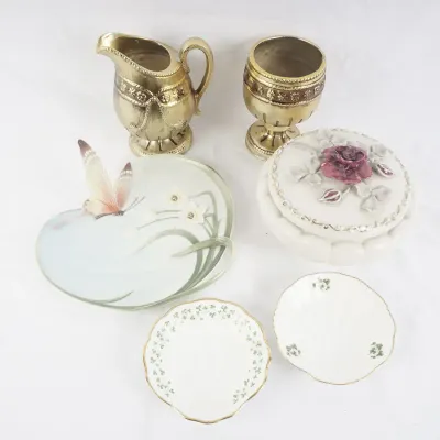 Franz Jan Woo Butterfly Dish, Rose Trinket Box, Gold Pitcher, & Shamrock Dishes