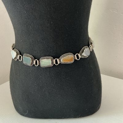 Gorgeous Vintage Silver Tone polished agate stone fashion belt