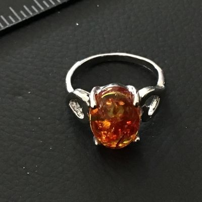 Glass Burnt orange Yellow Silver Tone Fashion Ring