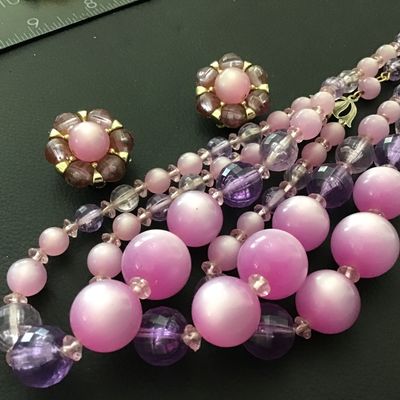 Vintage Purple Tone Moon Stone look Vintage Beaded 3 Strand With Matching Earrings